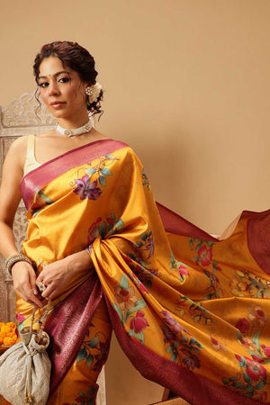 Mustard Floral Printed Silk Saree