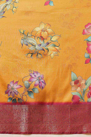 Mustard Floral Printed Silk Saree