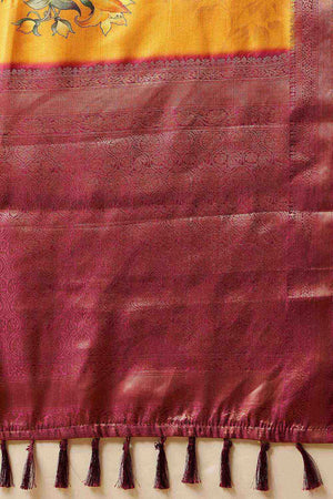 Mustard Floral Printed Silk Saree