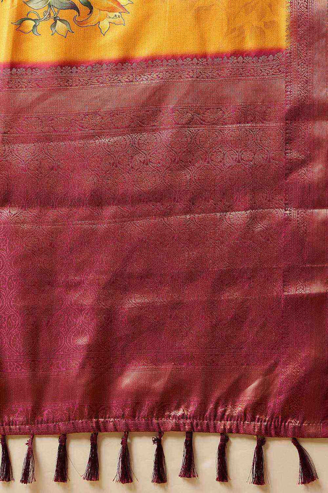 Mustard Floral Printed Silk Saree