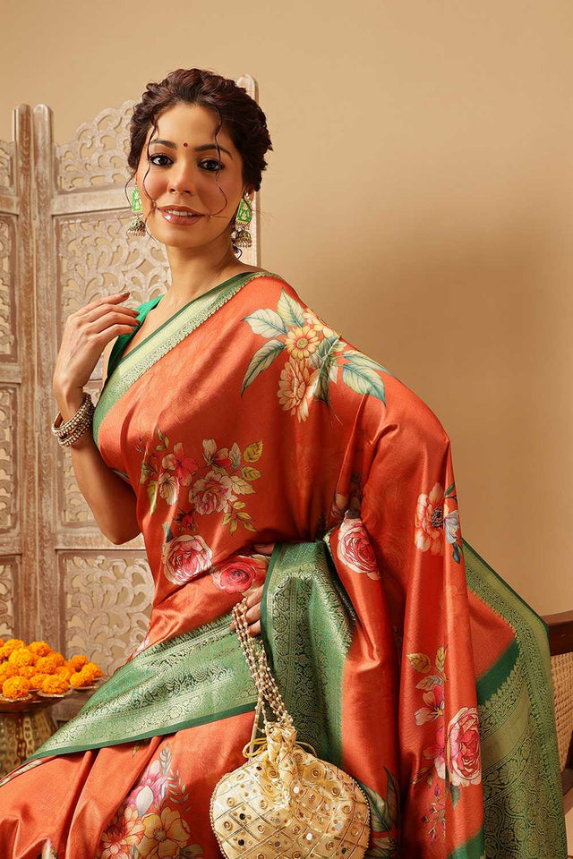 Orange Floral Printed Silk Saree