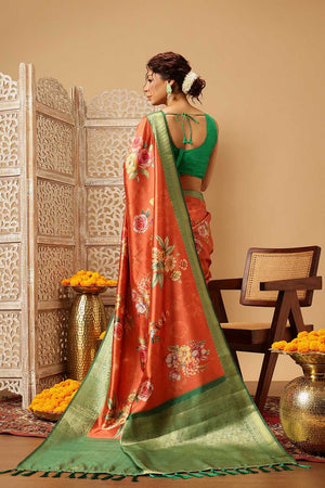Orange Floral Printed Silk Saree