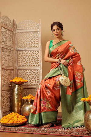 Orange Floral Printed Silk Saree