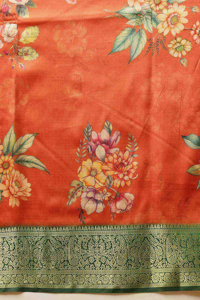 Orange Floral Printed Silk Saree