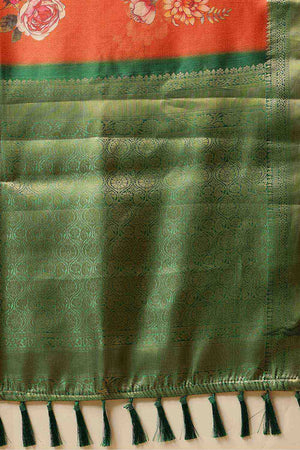 Orange Floral Printed Silk Saree