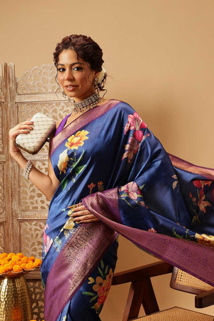 Navy Blue Floral Printed Silk Saree