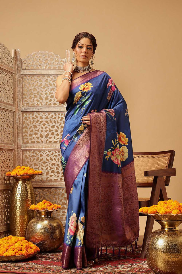 Navy Blue Floral Printed Silk Saree