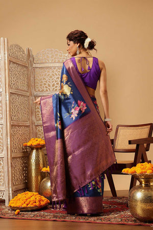 Navy Blue Floral Printed Silk Saree