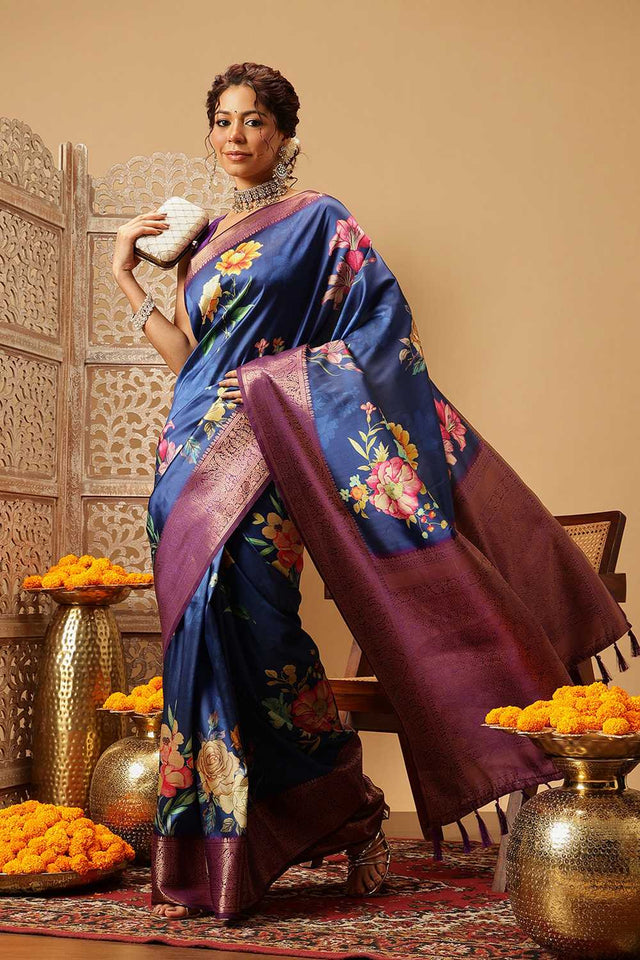 Navy Blue Floral Printed Silk Saree