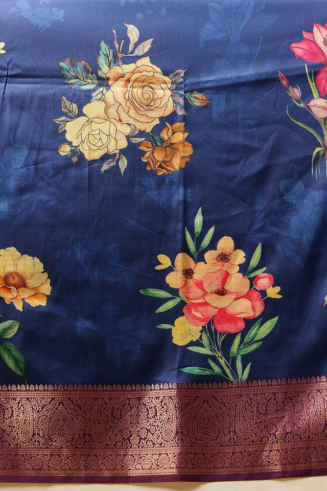 Navy Blue Floral Printed Silk Saree