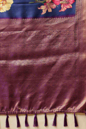 Navy Blue Floral Printed Silk Saree