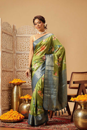 Green Floral Printed Silk Saree