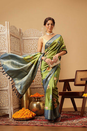 Green Floral Printed Silk Saree