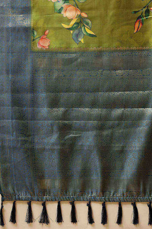 Green Floral Printed Silk Saree