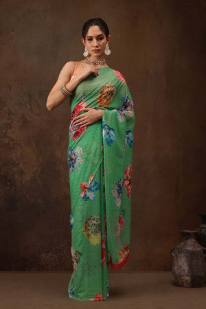 Green Chiffon Digital Print Floral Saree