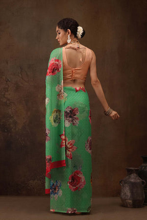 Green Chiffon Digital Print Floral Saree