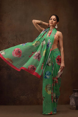 Green Chiffon Digital Print Floral Saree