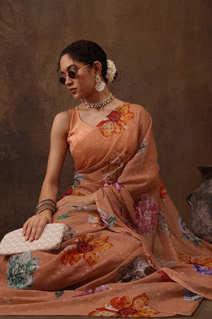Peach Chiffon Digital Print Floral Saree
