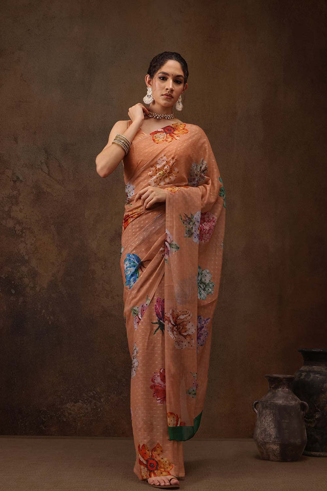 Peach Chiffon Digital Print Floral Saree