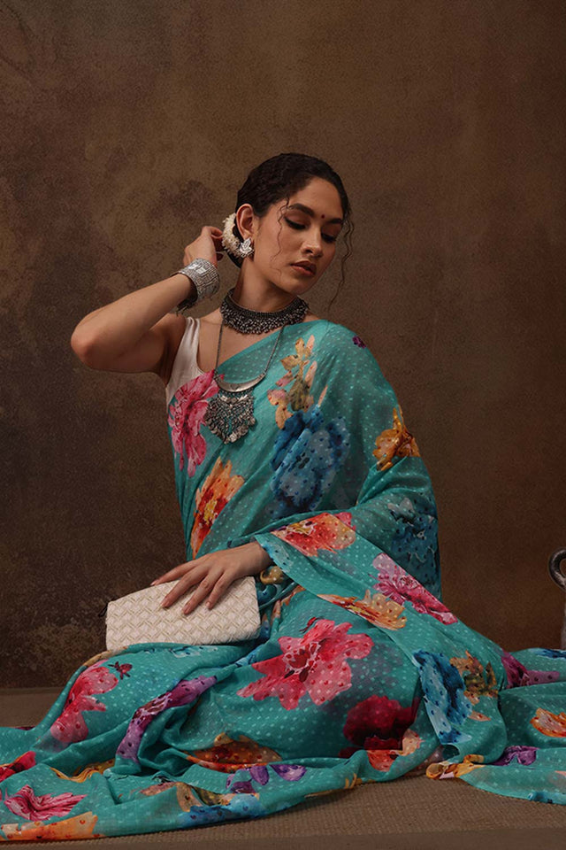 Teal Chiffon Digital Print Floral Saree