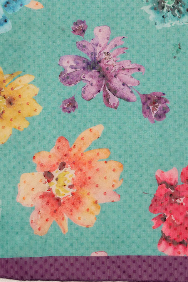 Teal Chiffon Digital Print Floral Saree