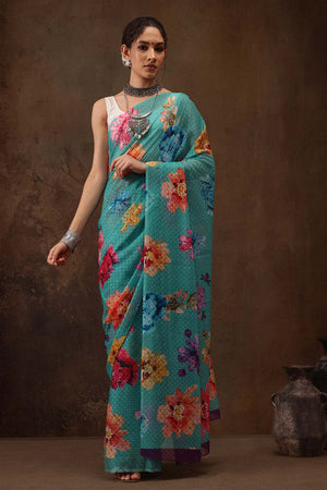Teal Chiffon Digital Print Floral Saree