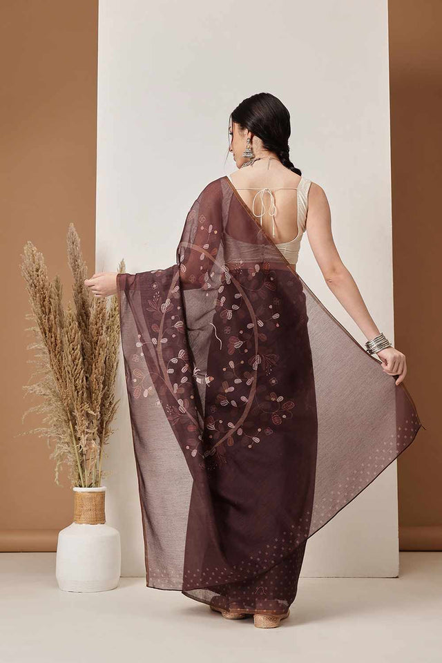Wine Banarasi Printed Silk  Saree