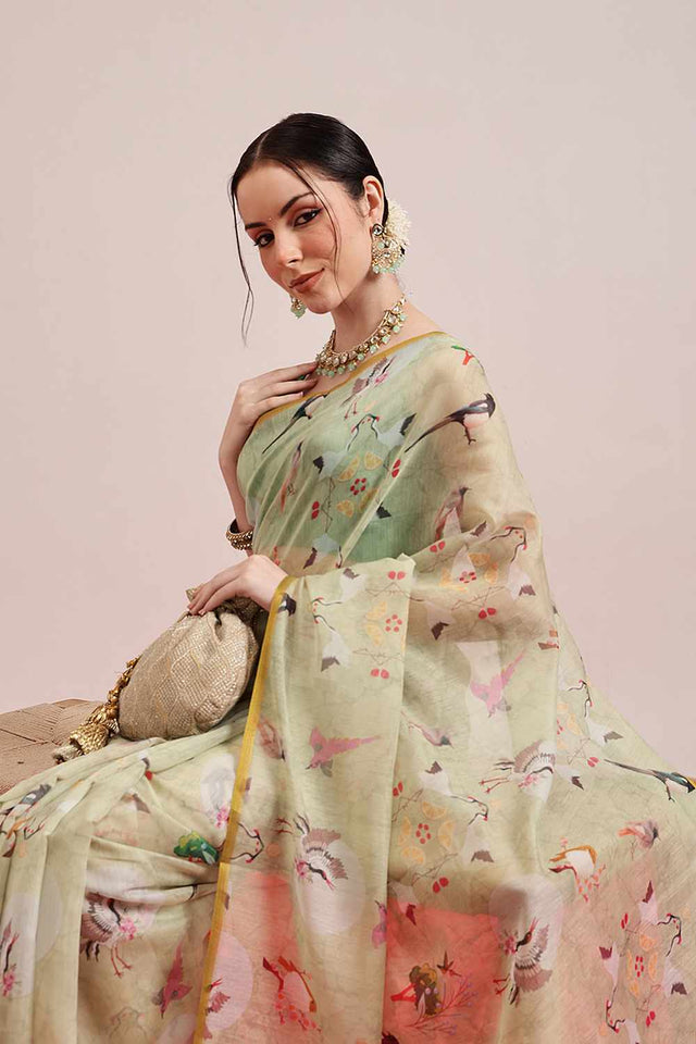 Blue Banarasi Floral Printed Silk  Saree