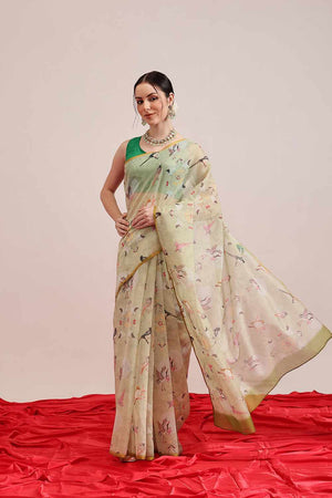 Blue Banarasi Floral Printed Silk  Saree