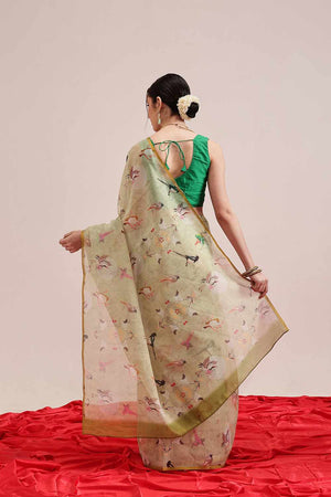 Blue Banarasi Floral Printed Silk  Saree