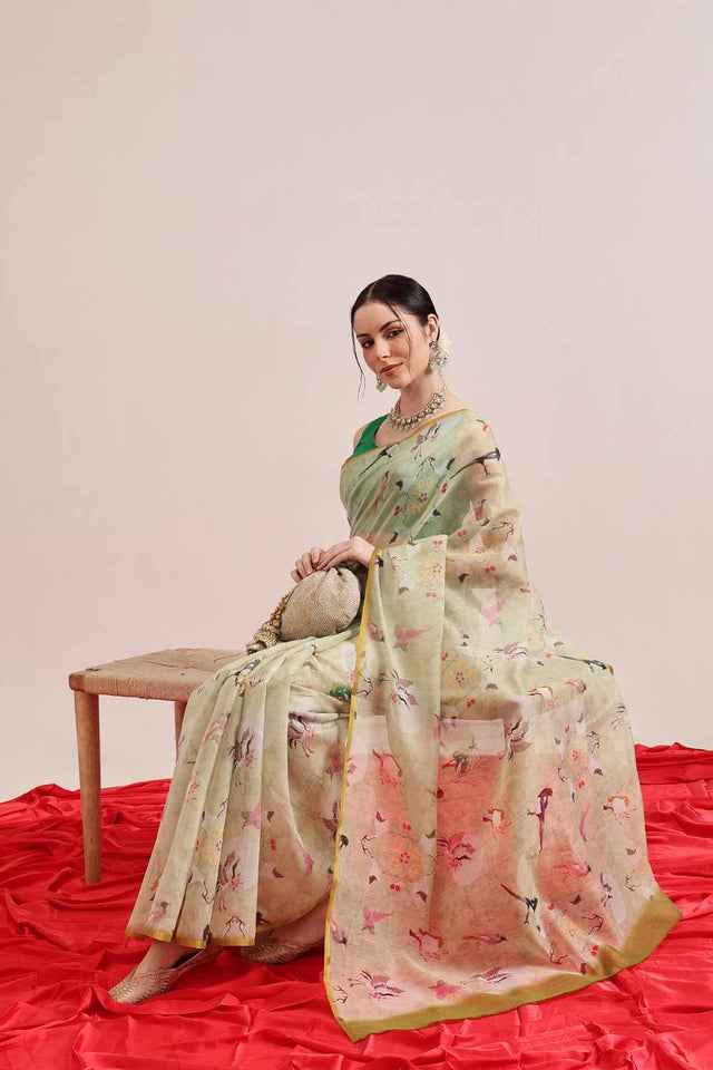 Blue Banarasi Floral Printed Silk  Saree