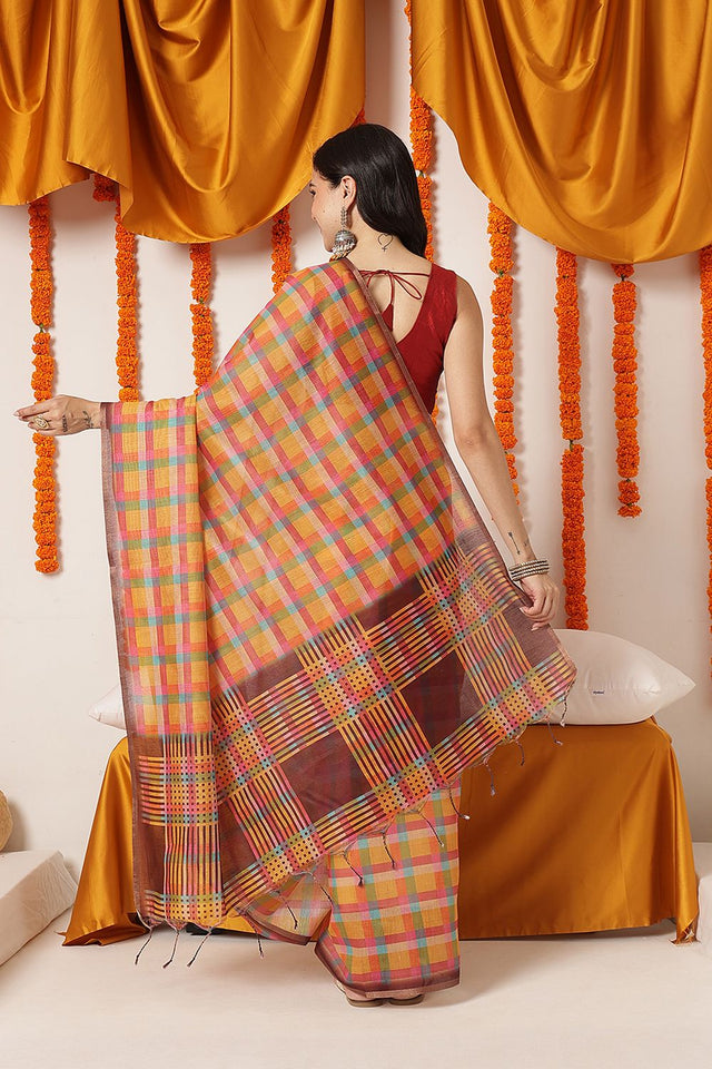 Multi Color Checkered Printed Cotton Blend Saree (SZ-DGDEVI1-3276)