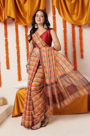 Multi Color Checkered Printed Cotton Blend Saree (SZ-DGDEVI1-3276)