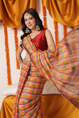 Multi Color Checkered Printed Cotton Blend Saree (SZ-DGDEVI1-3276)