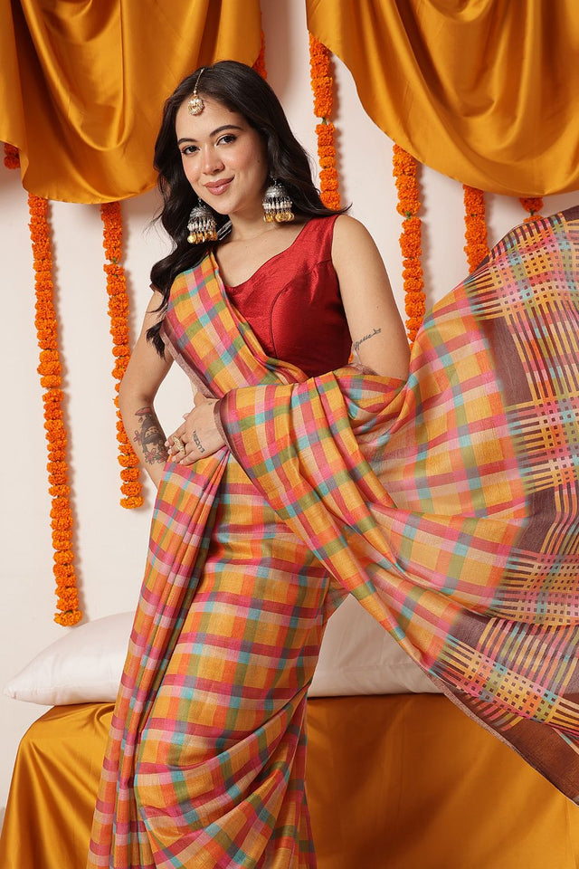 Multi Color Checkered Printed Cotton Blend Saree (SZ-DGDEVI1-3276)