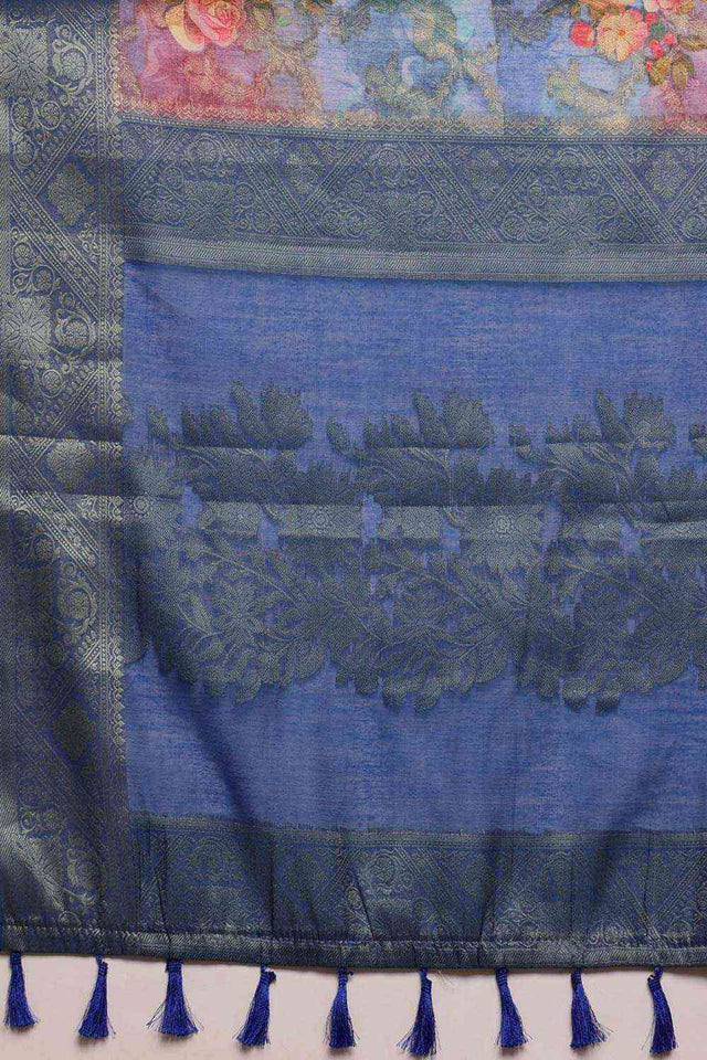 Blue Cotton Digital Print Banarasi Saree
