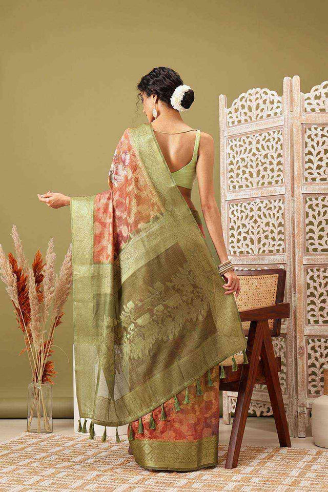 Olive Cotton Digital Print Banarasi Saree