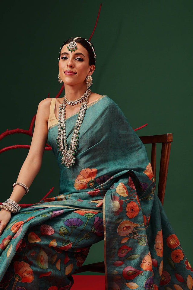 Turquoise Floral Printed Cotton Silk Saree