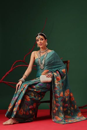 Turquoise Floral Printed Cotton Silk Saree