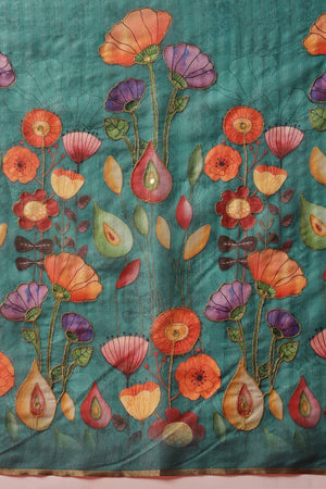 Turquoise Floral Printed Cotton Silk Saree