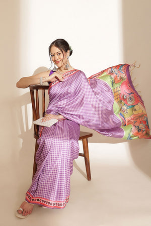 Lavender Checkered Printed Silk Saree (SZ-DGGIA-LV-3220)