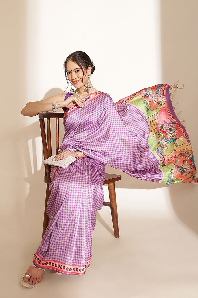 Lavender Checkered Printed Silk Saree (SZ-DGGIA-LV-3220)