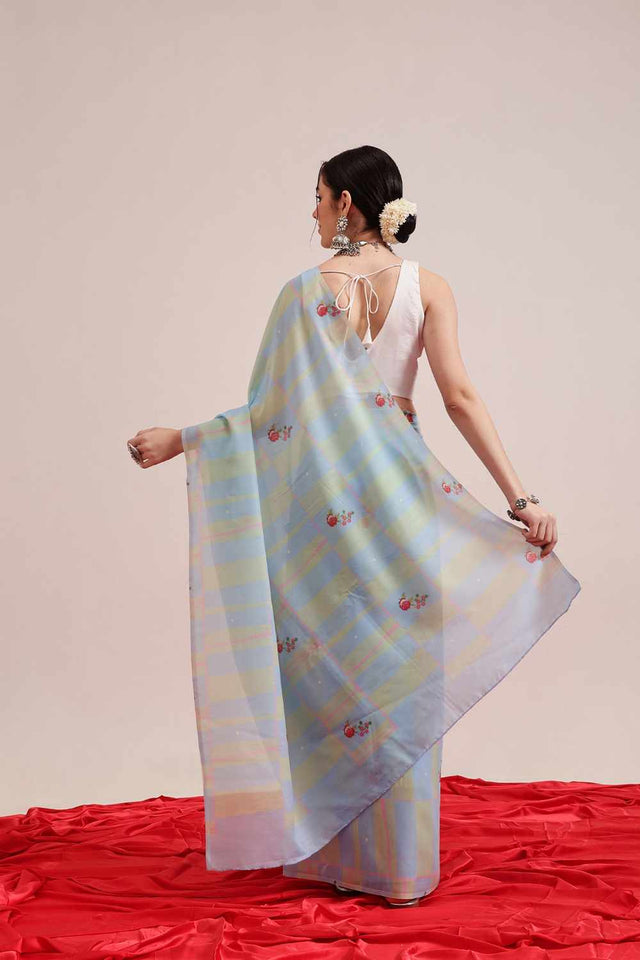 Turquoise  Abstract Printed Cotton  Saree