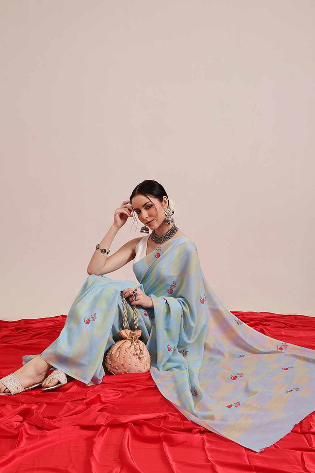 Turquoise  Abstract Printed Cotton  Saree