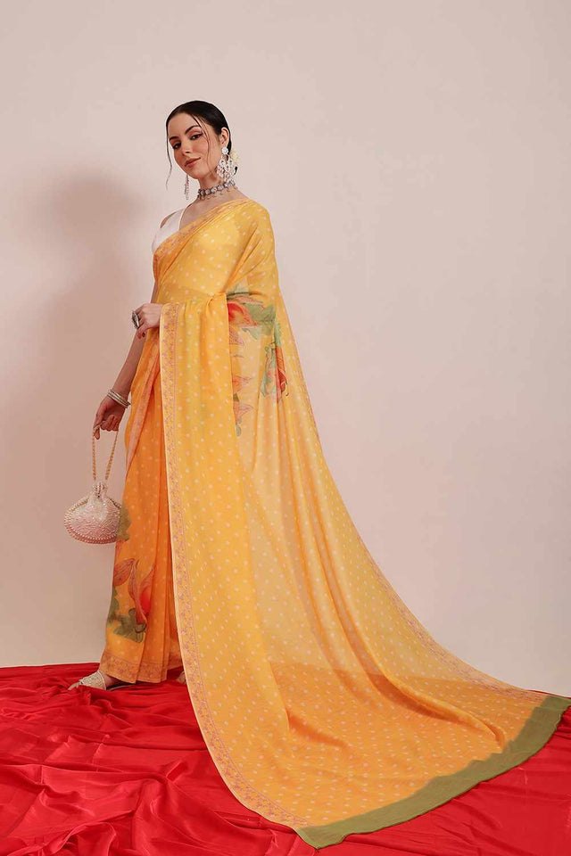 Yellow Printed Cotton  Saree