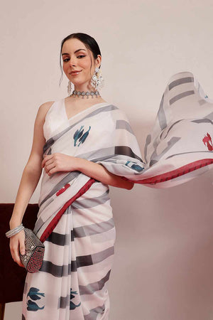 White Digital Printed Cotton Saree