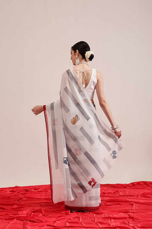 White Digital Printed Cotton Saree