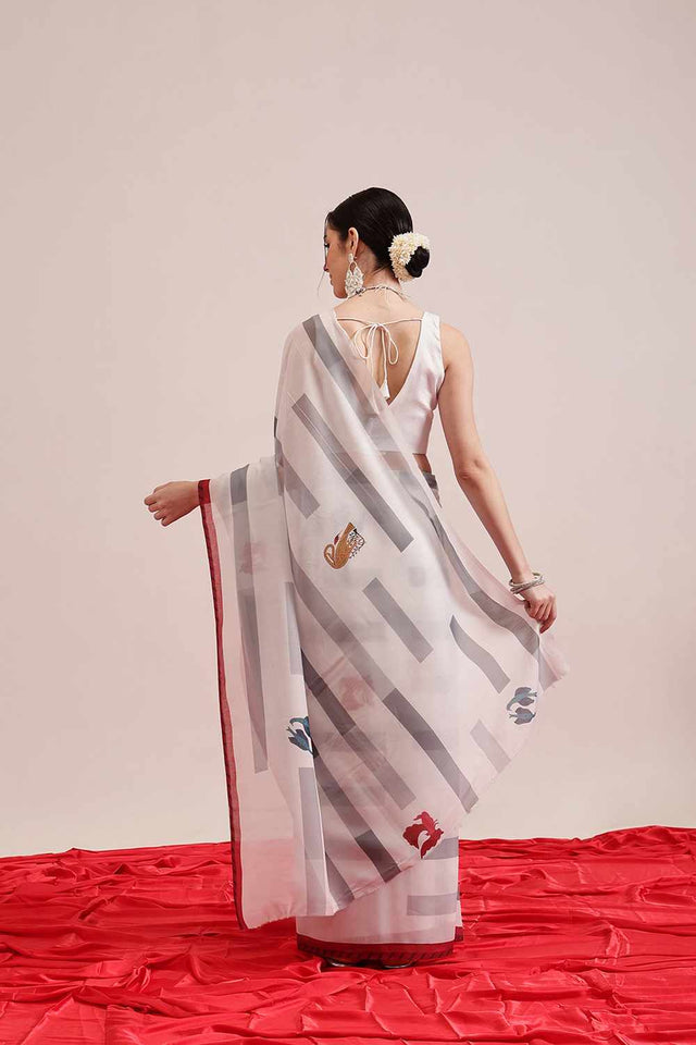 White Digital Printed Cotton Saree