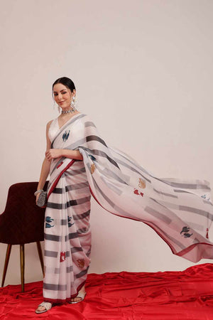 White Digital Printed Cotton Saree