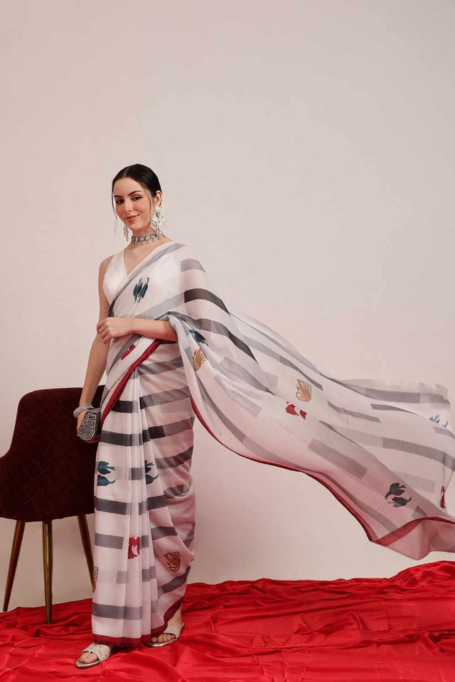 White Digital Printed Cotton Saree